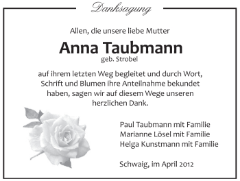 Traueranzeige von Anna Taubmann von Pegnitz-Zeitung